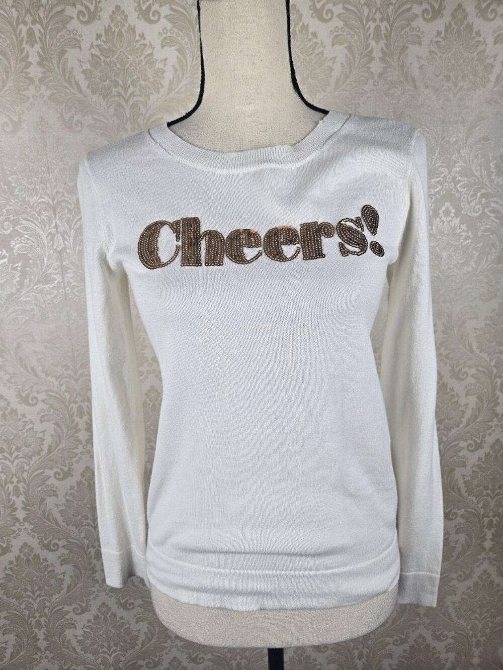 J Crew Teddie Size XS Cream Knit Pullover Sweater "Cheers" Gold Sequins Rd Neck